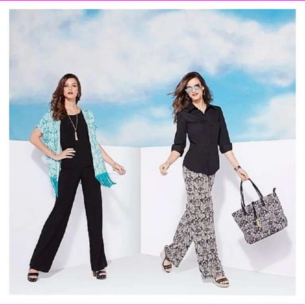 IMAN Wide Leg Pants Women Large Black White Gold Excellent Ikat Damask Stretch